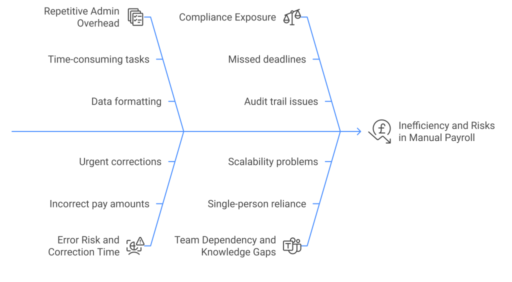 Diagram showing key inefficiencies and risks in manual payroll systems, including repetitive admin tasks, compliance exposure, urgent corrections, and team dependency—common challenges faced by mid-sized UK businesses