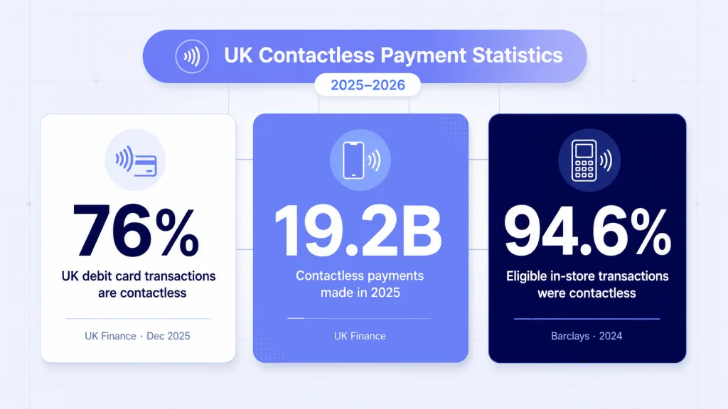  UK contactless payment statistics 2026 - 76 percent debit card transactions and 19.2 billion annual payments