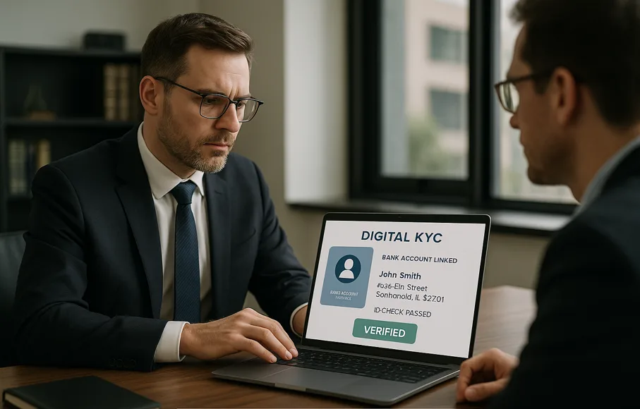 How Law Firms Use Open Banking: 8 Powerful Use Cases in 2025 2 A professional solicitor reviewing digital KYC details on a laptop screen showing a verified bank-linked profile (name, address, ID check passed), office environment, client visible across the table, modern legal setting, natural lighting.