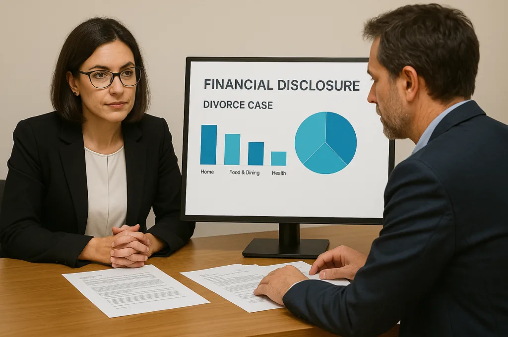 How Law Firms Use Open Banking: 8 Powerful Use Cases in 2025 4 A family lawyer displaying a categorised transaction dashboard on screen, used to verify financial disclosures in a divorce case. One person on each side of the desk, documents on the table, neutral background symbolising calm mediation.