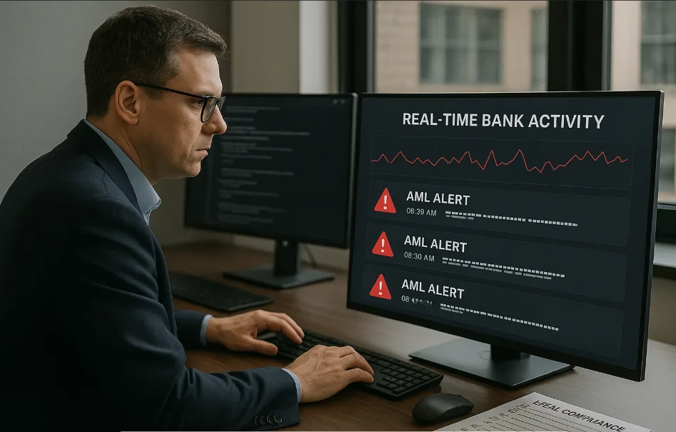How Law Firms Use Open Banking: 8 Powerful Use Cases in 2025 6 A compliance officer at a law firm reviewing flagged bank activity in real-time through a dashboard interface. Red AML alert icons on-screen, secure environment, multiple monitors, and legal compliance checklists on the desk.