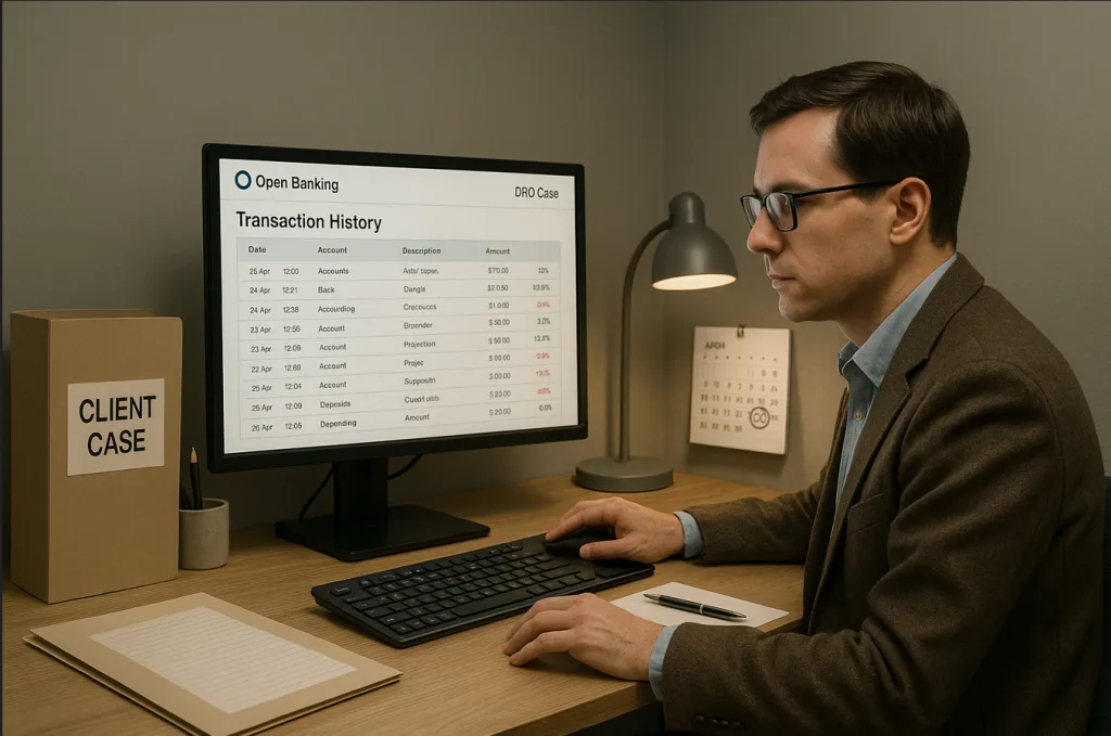 How Law Firms Use Open Banking: 8 Powerful Use Cases in 2025 8 An insolvency practitioner accessing full transaction history through Open Banking on a desktop, building a DRO case. Paper files labelled “Client Case”, calendar showing deadline, tidy workspace in muted tones, focused lighting.