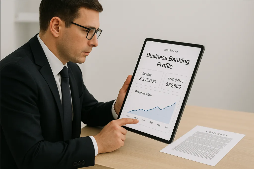 How Law Firms Use Open Banking: 8 Powerful Use Cases in 2025 7 A commercial lawyer evaluating a client’s business banking profile for liquidity and financial health, with real-time Open Banking dashboard showing revenue flow, legal contracts nearby, clean office with minimal distractions.