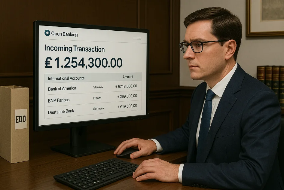 How Law Firms Use Open Banking: 8 Powerful Use Cases in 2025 9 A solicitor in a trust or property law firm verifying a £1M+ incoming transaction from multiple international accounts using Open Banking. High-resolution dashboard view, client files marked EDD, sophisticated office backdrop.