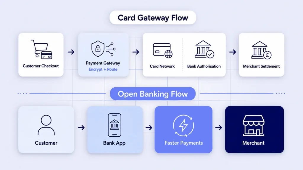How best payment gateways UK works - card gateway flow versus Open Banking Pay by Bank settlement diagram