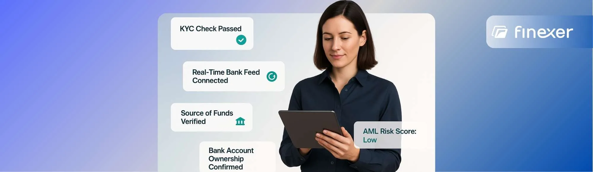 A professional woman using a tablet with floating UI cards showing Regtech verifications such as KYC Check Passed, Real-Time Bank Feed Connected, Source of Funds Verified, and AML Risk Score, with Finexer logo on a gradient blue background.