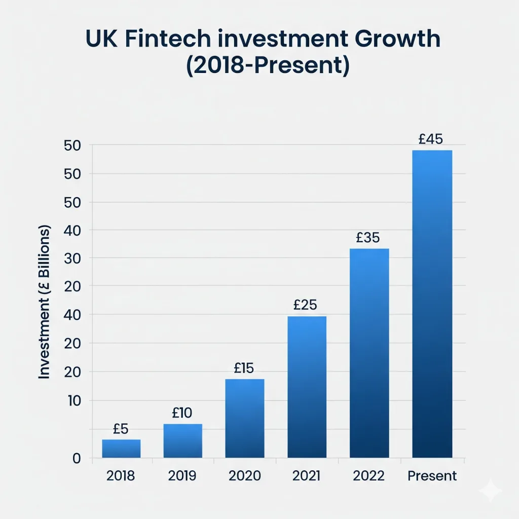 With 15 Million Users, Open Banking is Now Essential UK Financial Infrastructure 5 A bar chart illustrating the significant growth in UK Fintech investment from 2018 to 2025. The data shows investment soaring from £5 billion in 2018 to a current high of £45 billion, showcasing a strong and consistent upward trend.