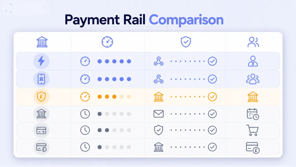 UK payment rails comparison 2026 - Faster Payments CHAPS Bacs and Open Banking PIS settlement speed