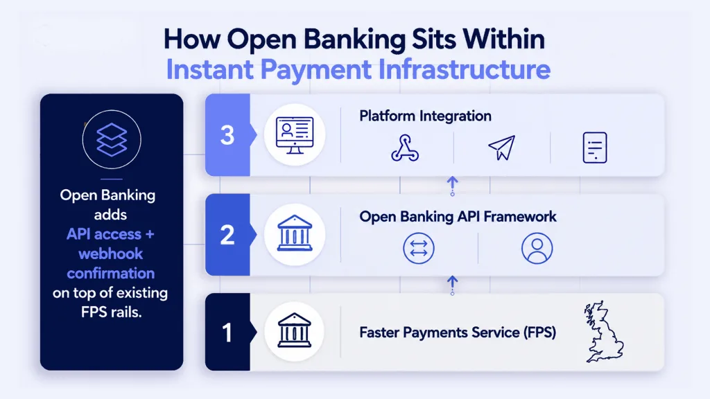How Open Banking sits within UK instant payment infrastructure - FPS rails API and platform webhooks