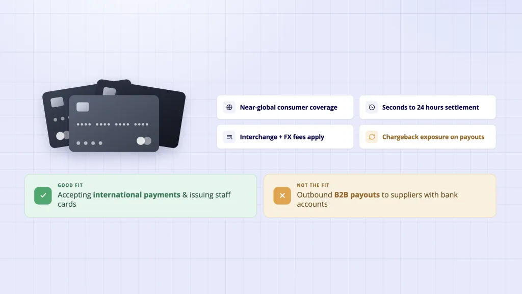 Card network cross border payments - Visa Mastercard consumer use cases and B2B payout limitations