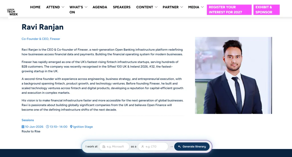 Ravi Ranjan, Co-Founder and CEO of Finexer, Speaking at London Tech Week 2026