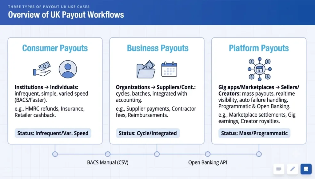 Payout UK: How UK Payouts Work and How Platforms Build Them 3 Three Types of Payout UK Use Cases