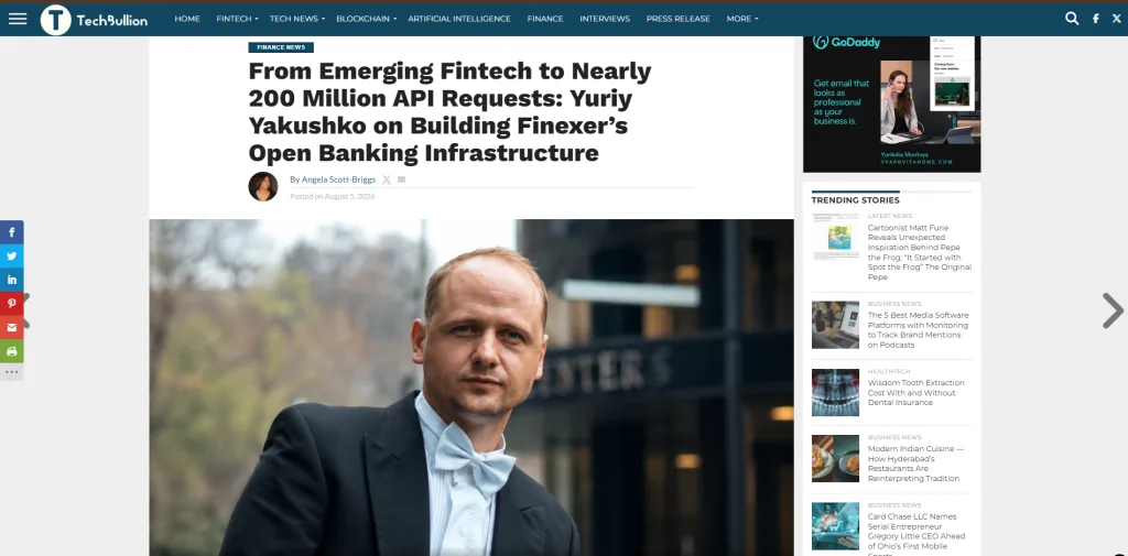 Yuriy Yakushko Featured in TechBullion: Building Finexer's Open Banking Infrastructure 3 image