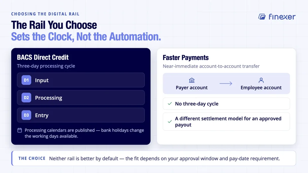 Automate Payroll Payments: What Changes After Payroll Is Approved 4 Automate payroll payments shown comparing BACS timing directly with UK Faster Payments