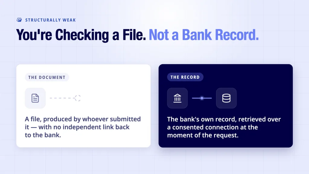 Fake bank statement detection shown contrasting a file with the bank's own record