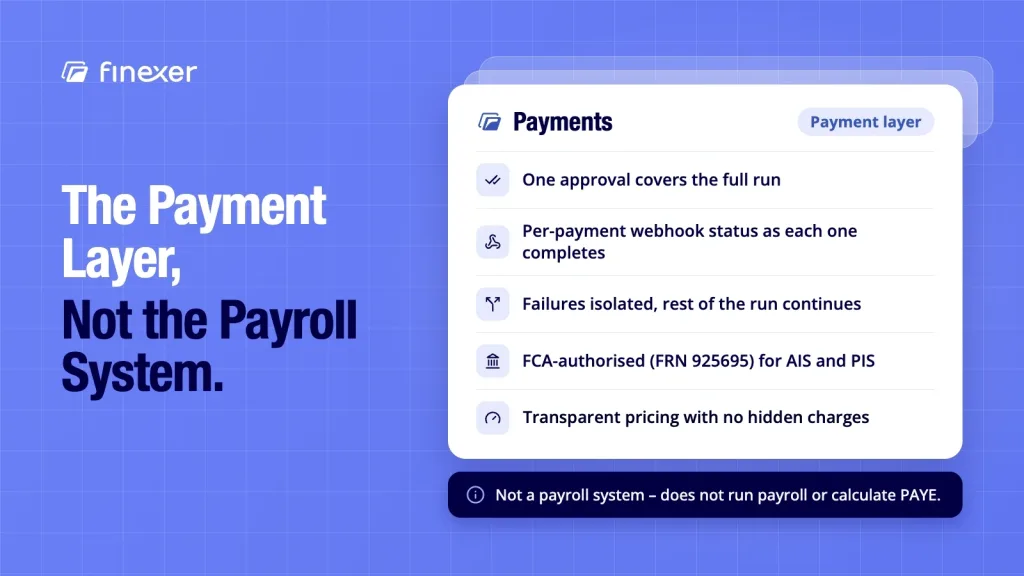 Finexer shown as the payment layer for business bulk payments, not a payroll system  