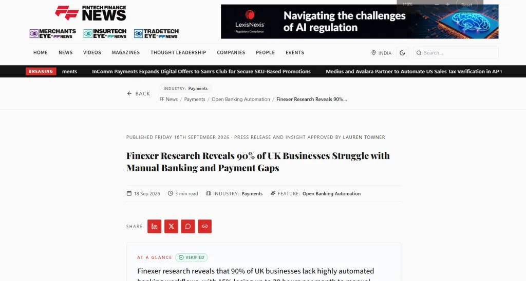 Finexer Market Research Report Featured in FF News: UK Finance Teams Losing Over 20 Hours a Month to Manual Banking and Payment Processes