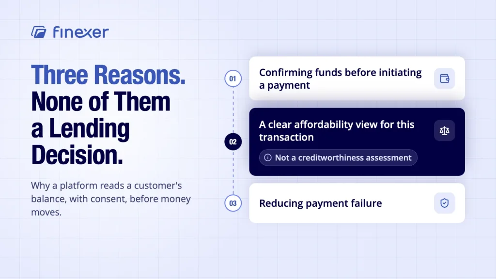 Check account balance shown with three reasons, none of them a lending decision at all