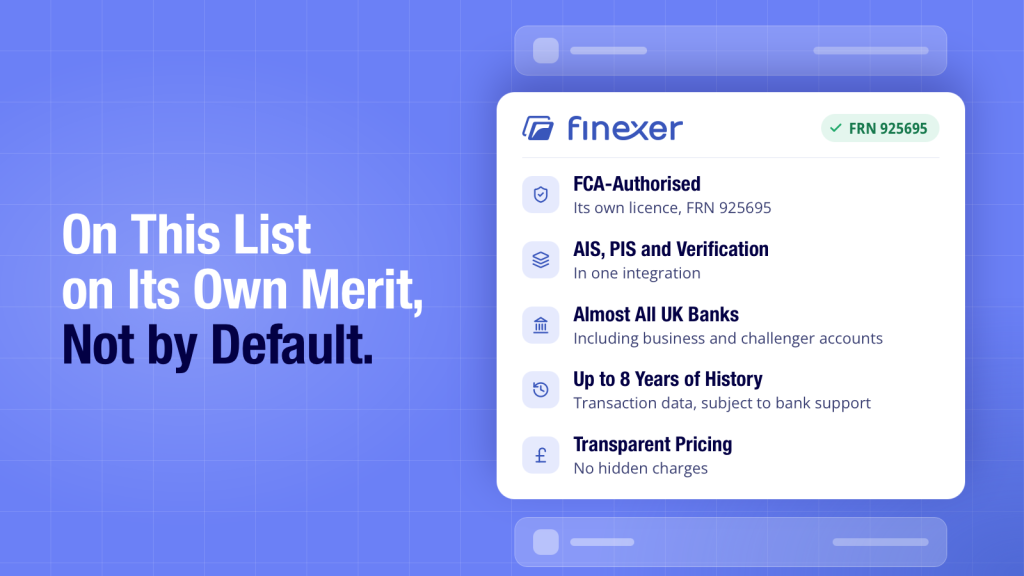 Open Banking API List: Top UK Providers Compared 6 Finexer shown on the open banking API list with AIS, PIS and verification listed today